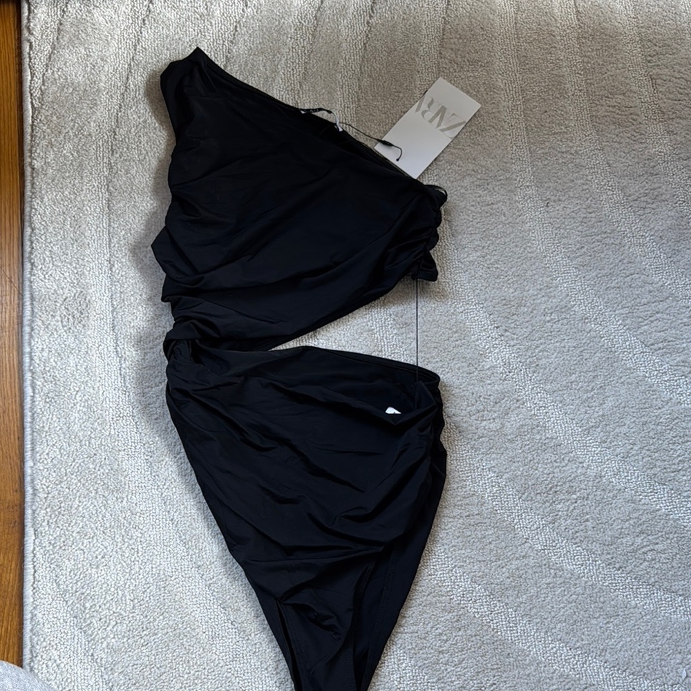 Zara Black Wrap Bodysuit Asymmetrical Ruched